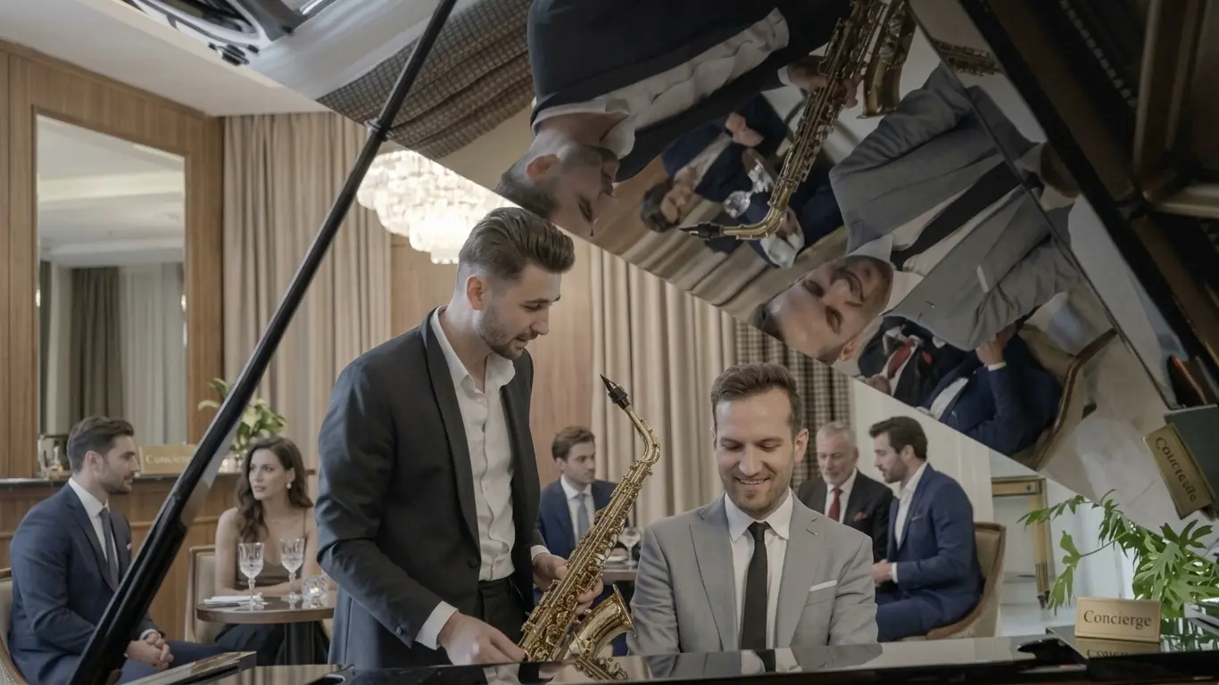Dúo de saxo y piano en el lounge de un hotel de lujo