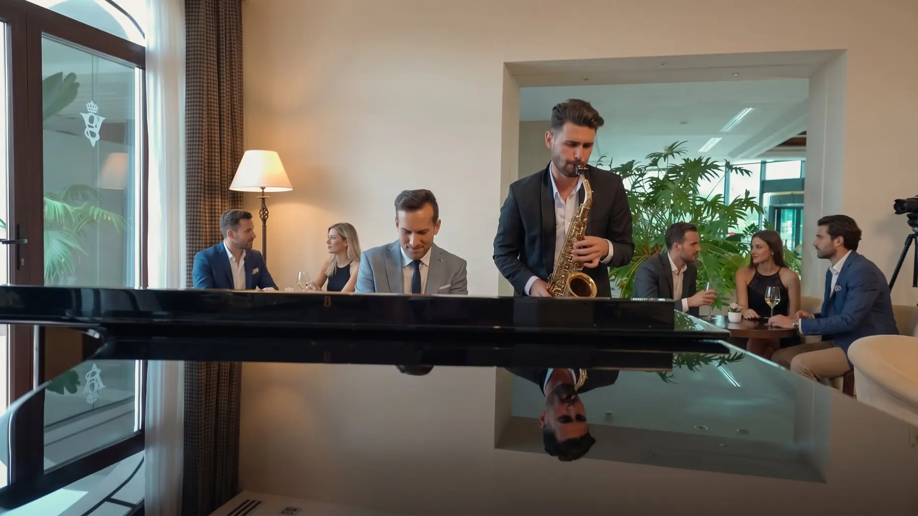 Saxofonista y pianista en el lounge de un hotel de lujo