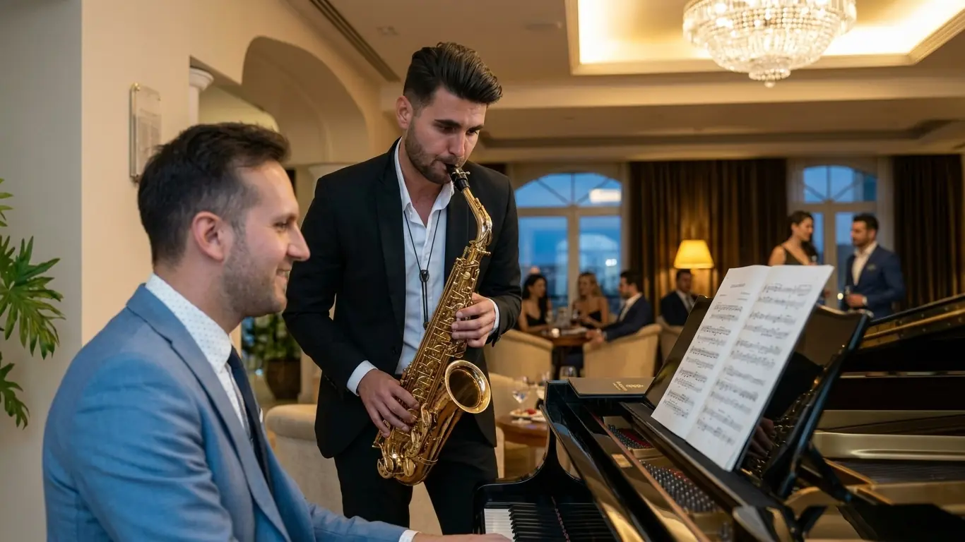 Dúo de saxo y piano en un salón con lámpara de cristal