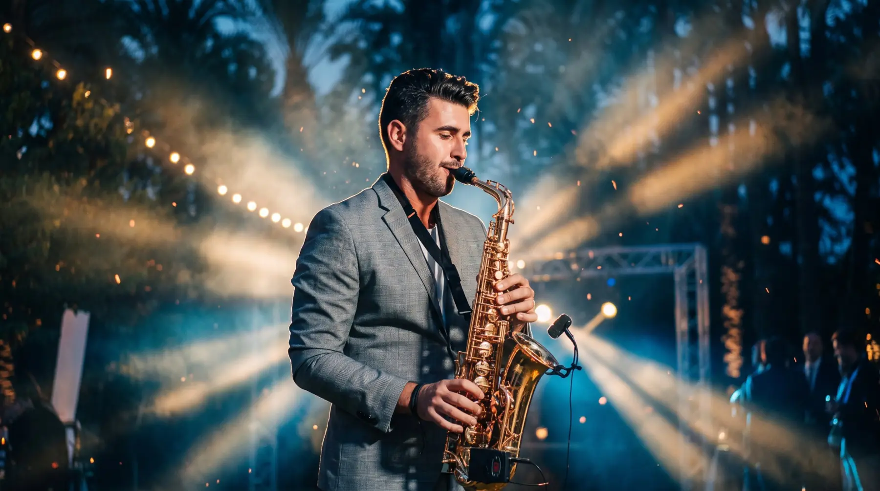 Pablo Leontiev, saxofonista en Alicante, tocando el saxo en un escenario