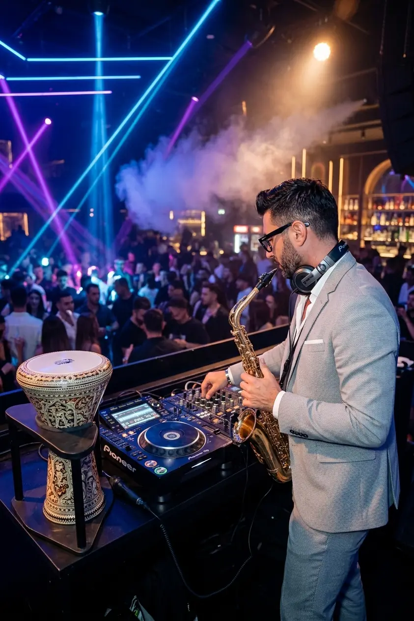 Saxofonista y DJ en una discoteca